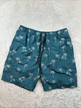 Distortion Size L Teal Palm-Print Men's Swim Trunks Drawstring Waist | Outdoors